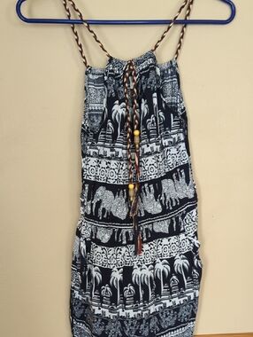 Black & White Elephant Print Maxi Dress with Braided Tassel Straps